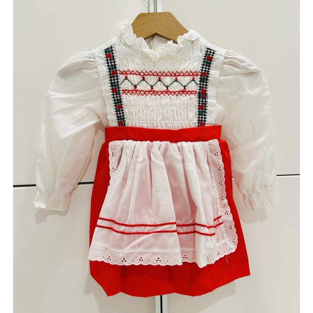 Vtg Polly Flinders Hand Smocked Dress T3 Toddler Holiday Xmas Red White Ruffle